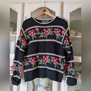 Vintage-Inspired Cotton Black Floral Knit Cottagecore Sweater by Liz Claiborne